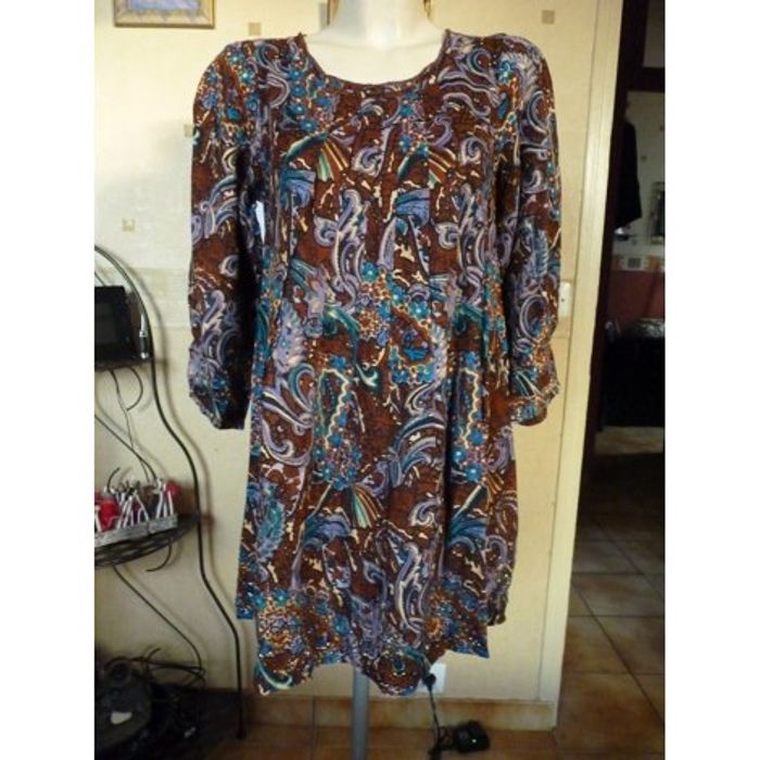 Miss June - Robe  marron et bleu motifs perles-T38