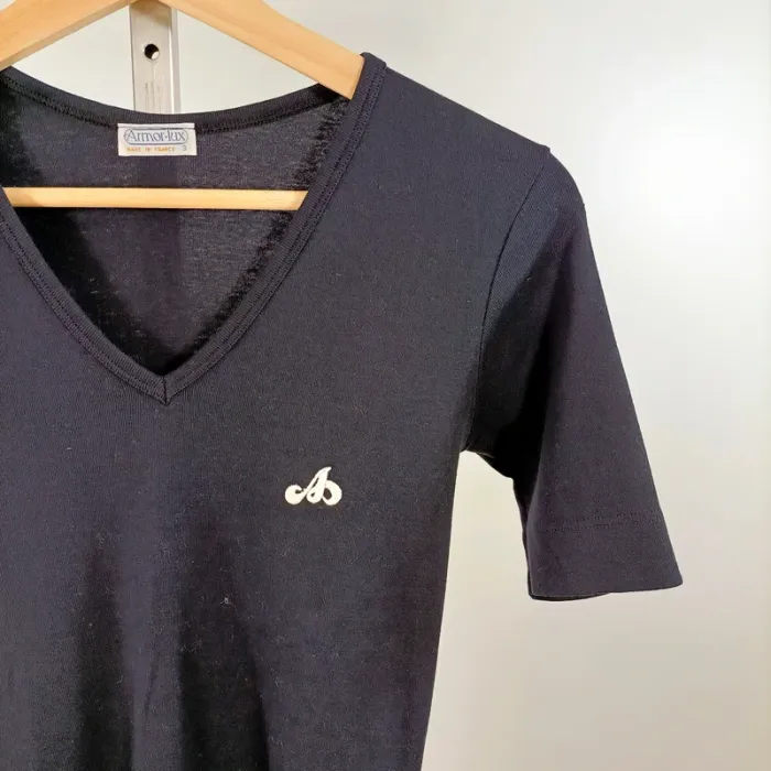 T-shirt noir Armor Lux col V manches courtes made in France coton taille M A1477 - photo numéro 2