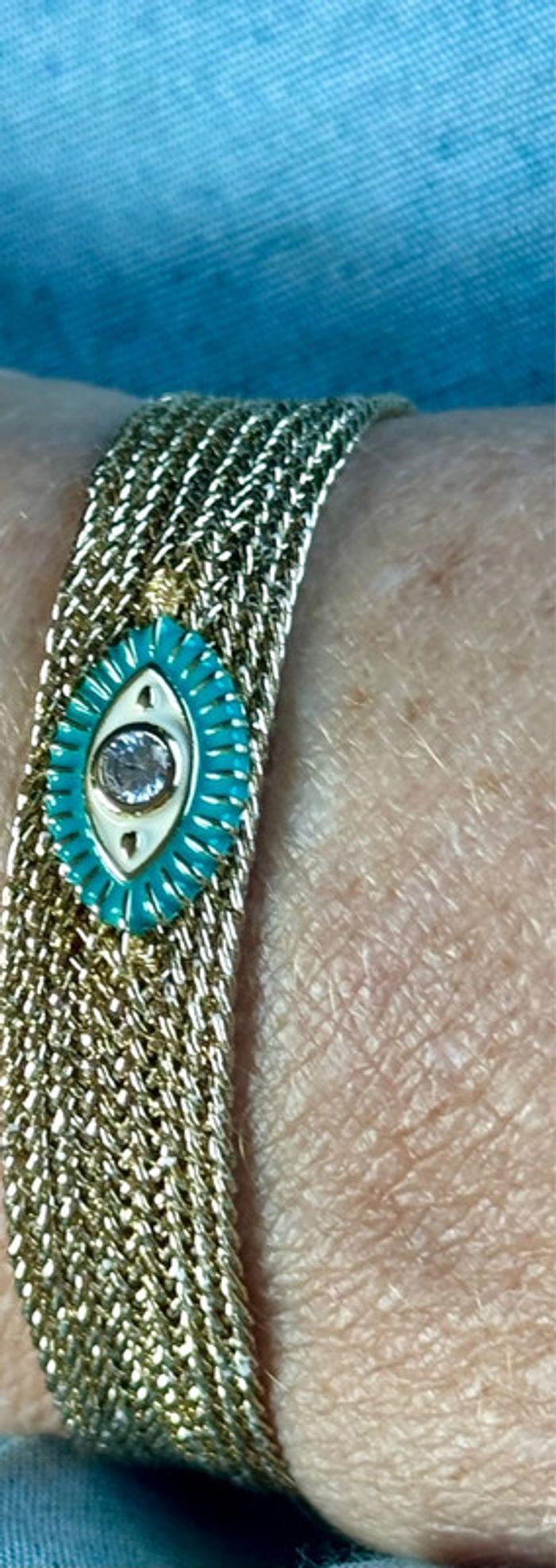Bracelet manchette fils tissés dorés pailletés œil perles turquoises cristal habaha Paris - photo numéro 4