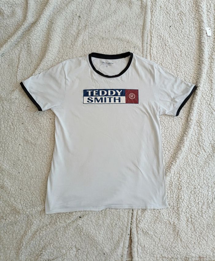 T-shirt Teddy Smith blanc à col noir – logo vintage style rétro – T. XXL