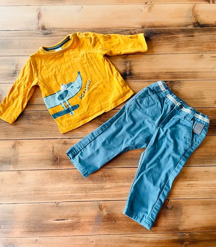 Ensemble pantalon bleu et haut manches longues jaune 6 mois