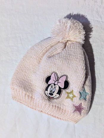 Bonnet Rose Ecusson Minnie Etoiles Pailletées Pompon Vêtement Accessoire Petits Enfants Bébés