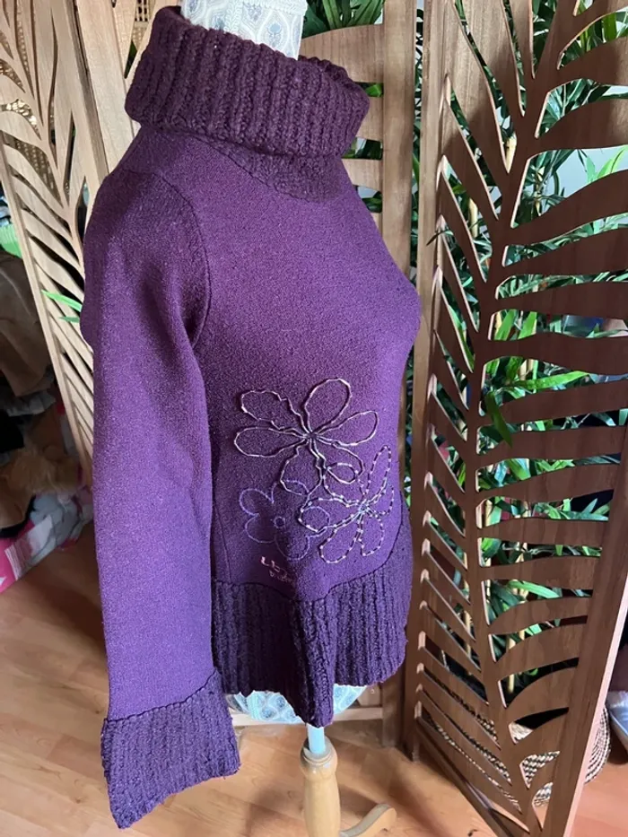 Pull à col roulé laine violet motif fleurs en perles brillants chaud taille 16 ans extensible - photo numéro 3