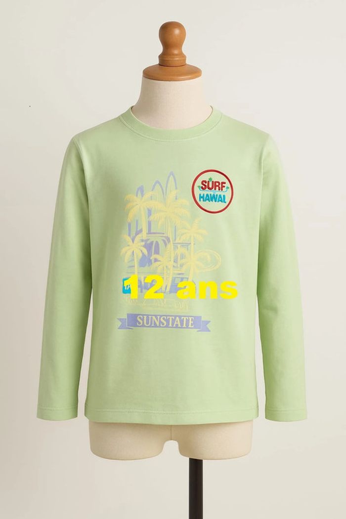 Tee shirt manche longue vert eau motif parme crème Clayeux Taille 12 ans
