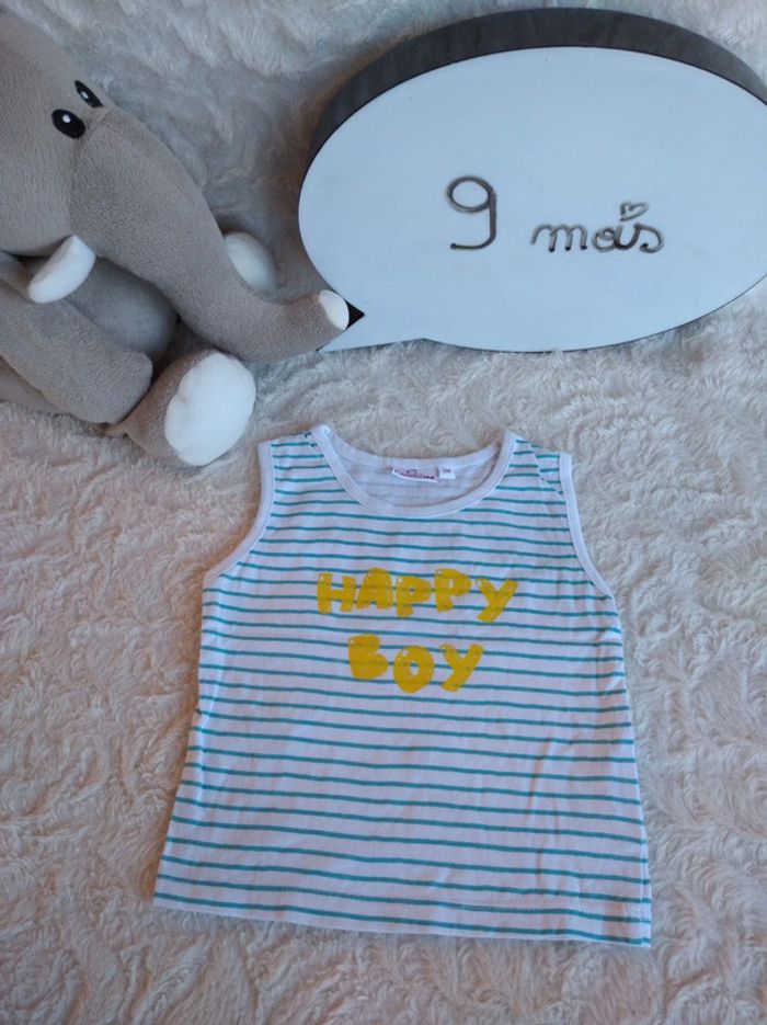 Débardeur tee shirt sans manche Garçon 9 mois Happy Boy Pommette 100% coton