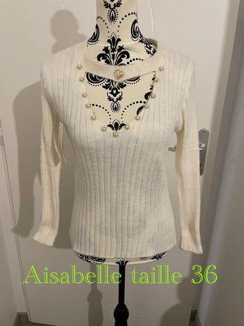 Pull doux manche longue blanc col V perle strass cœur neuf aisabelle taille 36