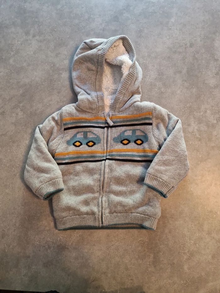 Gilet tricot épais garçon capuche molleton gris motifs 100% coton T36mois TBE orchestra