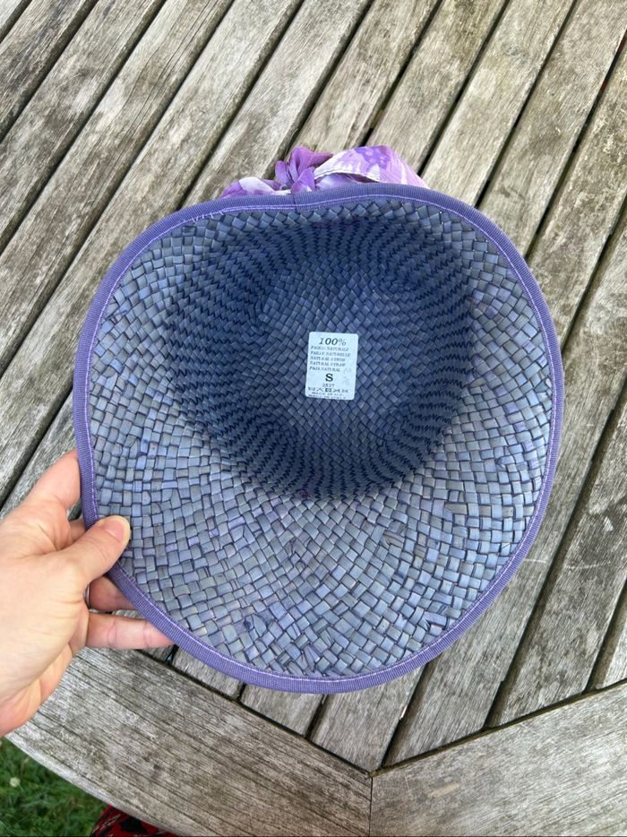Chapeau de paille italien avec foulard - T.S - Violet et crème - photo numéro 6