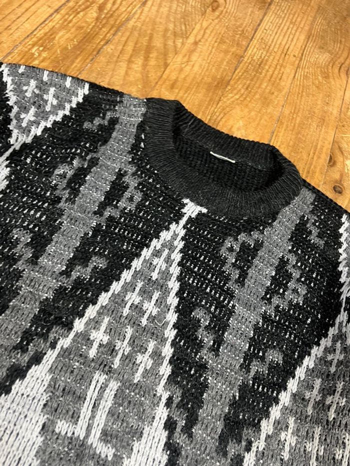 Pull maille vintage motifs noir gris L - photo numéro 4