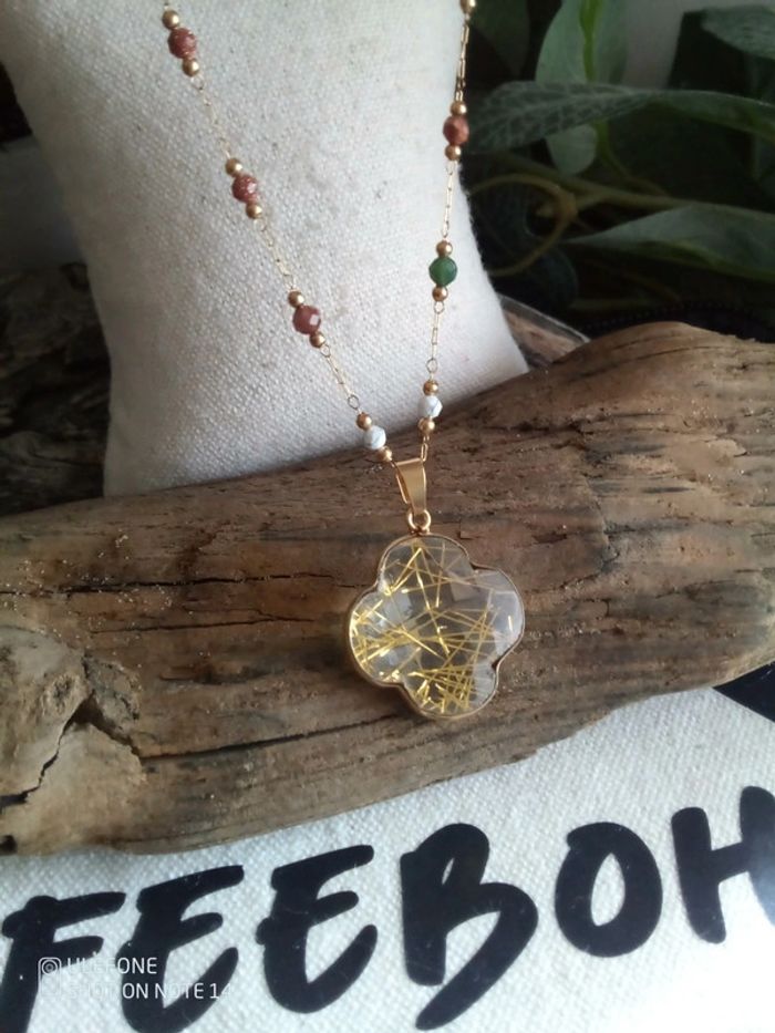 Collier pendentif trèfle en quartz rutile - photo numéro 2