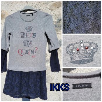 IKKS robe 10 ans, gris et bleu marine,jupe dentelle