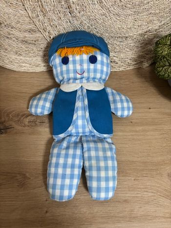 Vintage poupée chiffon grelot bleu carreau Fisher Price 1977