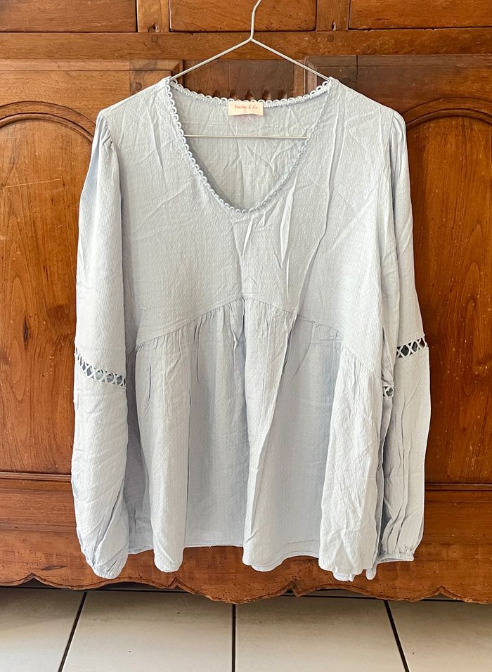 Blouse manches longues col V bleu ciel