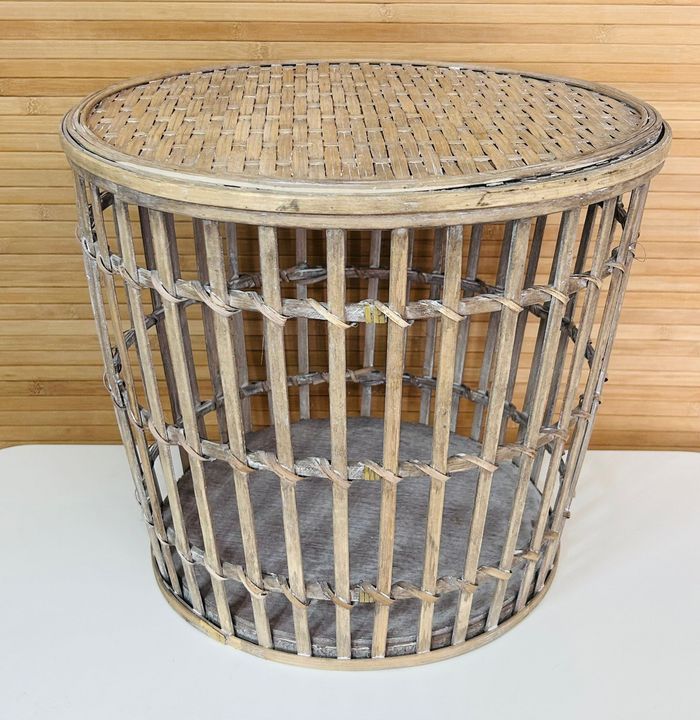 Set de 3 tables d'appoint rondes en bambou aspect cérusé – Fait main - photo numéro 2