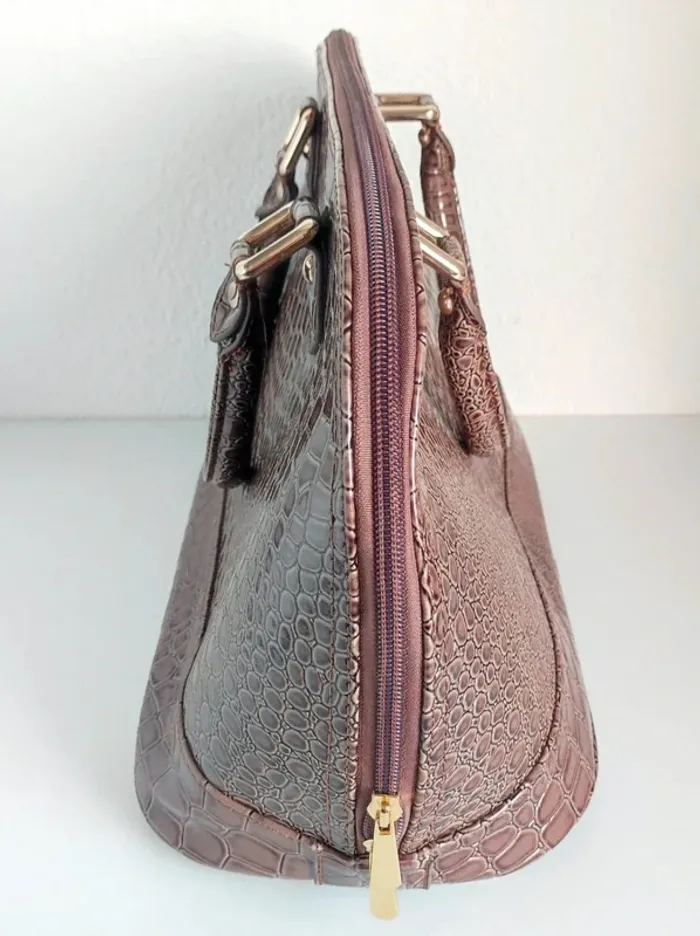 Sac à main marron cuir vernis bandoulière amovible écaille vintage / Lucia Tommasi - 33x24x17cm - photo numéro 12