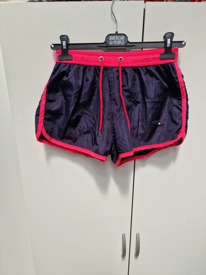 Short De Bain Noir Rose Fluo Avec Poche
