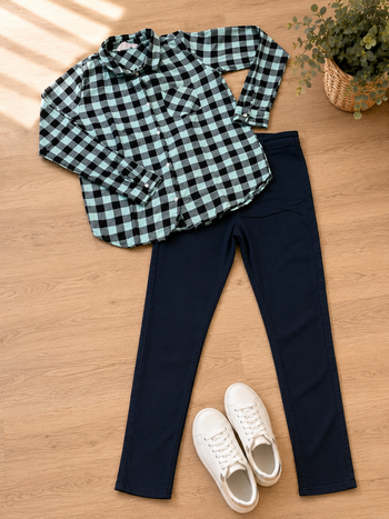 Ensemble H&M 12 ans – Chemise à carreaux vert menthe + jegging noir – Très bon état ✨