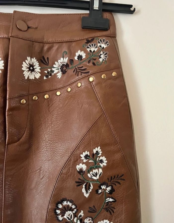 Jupe en cuir brodée, marron, Stradivarius - photo numéro 3