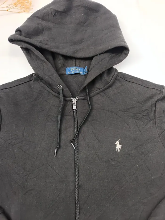 Sweat capuche homme Ralph Lauren taille S zippé noir logo blanc excellent état - bouloches - photo numéro 3