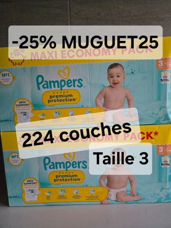 Lot de 2 cartons pampers prenium taille 3 soit 224 couches 