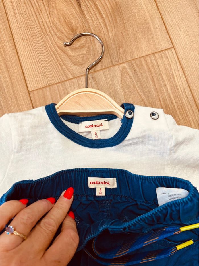 Taille 6 mois ensemble 2 pièces été garçon Catimini blanc et bleu * singe * 💙 - photo numéro 5