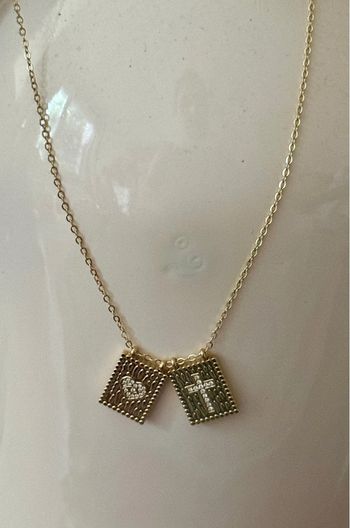 Collier chaîne réglable acier inoxydable or 2 médailles carrées cœur croix cristaux