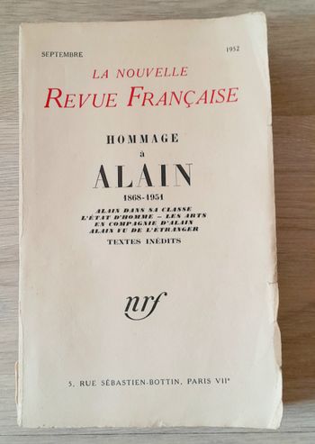 La nouvelle revue française, hommage à Alain 1868-1951 textes inédits