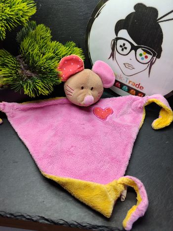 Doudou plat souris rose jaune coeur creativtoys marron pois point ancien Vintage