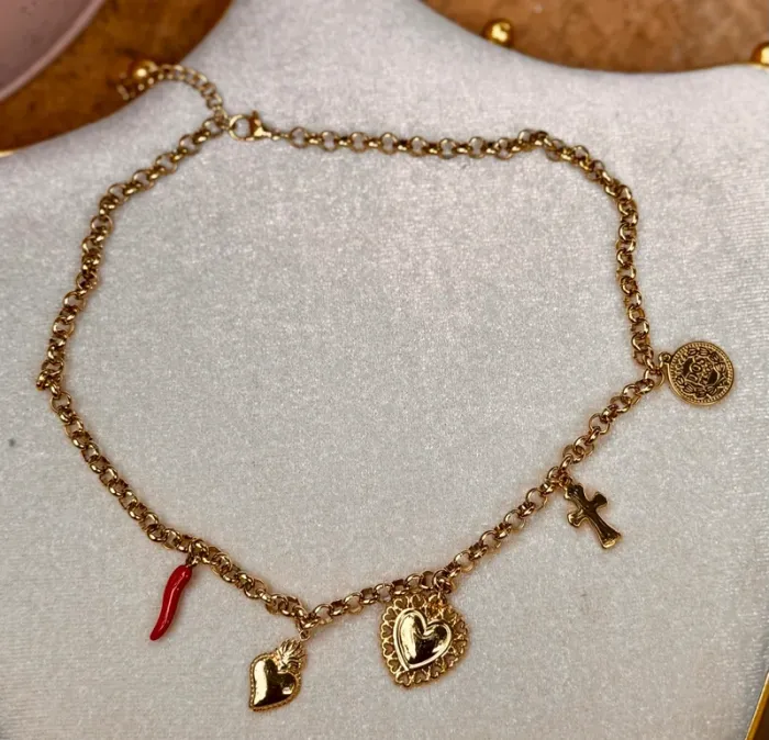 Collier chaîne épaisse acier inoxydable or breloques pièce croix ex-voto - photo numéro 5