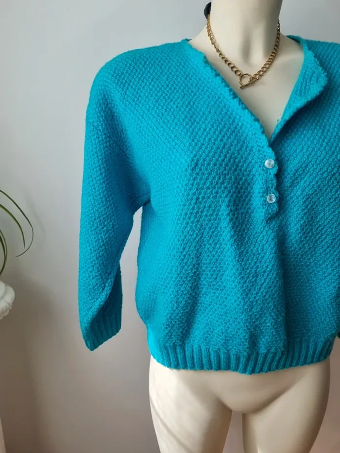 Pull turquoise tricoté vintage - photo numéro 3