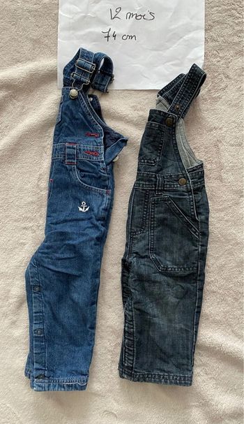 Lot de 2 salopettes jean denim doublées - Dpam, Ernest - 12 mois - TBE