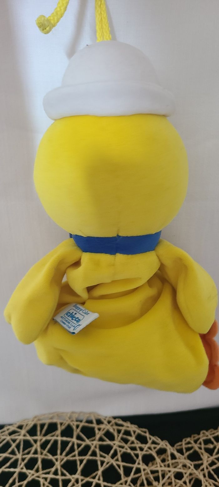 Peluche vintage musicale canard CHICCO jaune noeud papillon bleu bonnet 30 cm - photo numéro 3