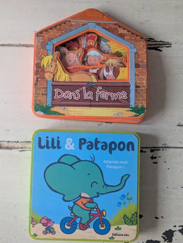 Lot de 2 livres jeunesse – Dans la ferme + Lili & Patapon : Attends-moi Patapon !