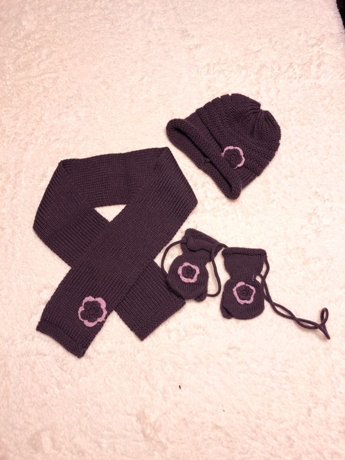 Bonnet écharpe gants prune et rose bébé
