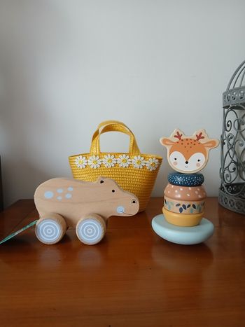 jouets bois massif : Biche-culbuto à empiler + Hippo à  faire rouler