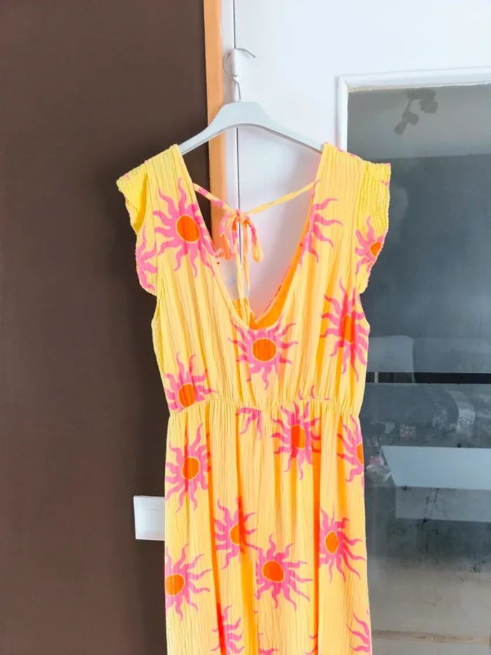 Robe longue été jaune et rose gaz de coton imprimé soleil TU 36 à 42 - photo numéro 14