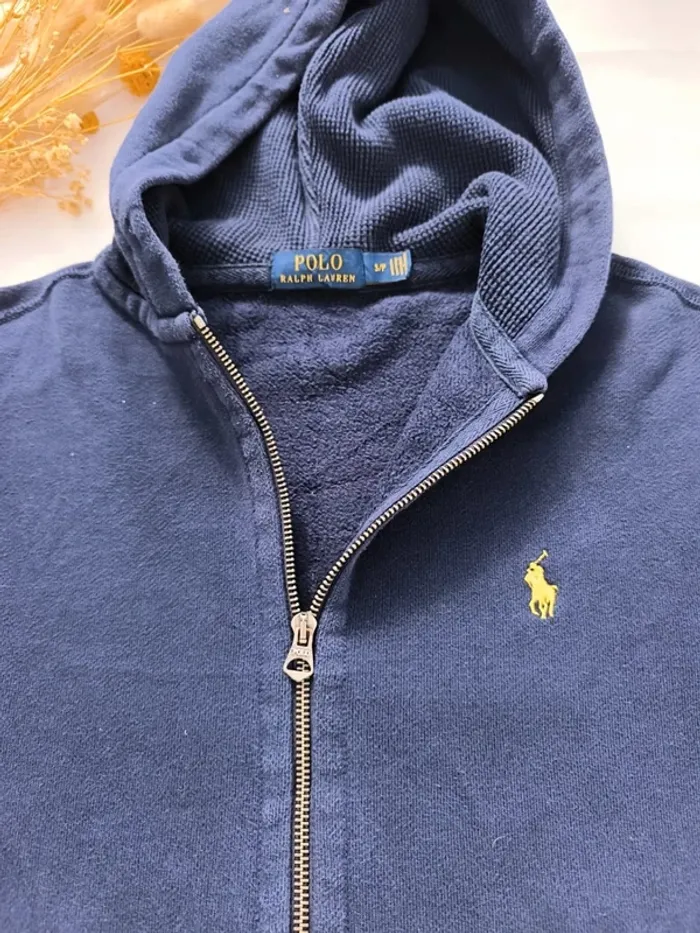 Sweat capuche zippé homme Ralph Lauren taille S bleu marine logo jaune - trou manche - photo numéro 7