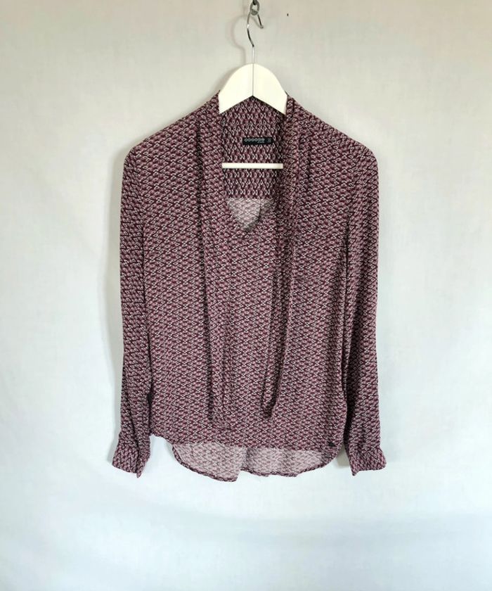 Blouse graphique violine à lavallière Bonobo XS / 34 36 comme neuve - photo numéro 12