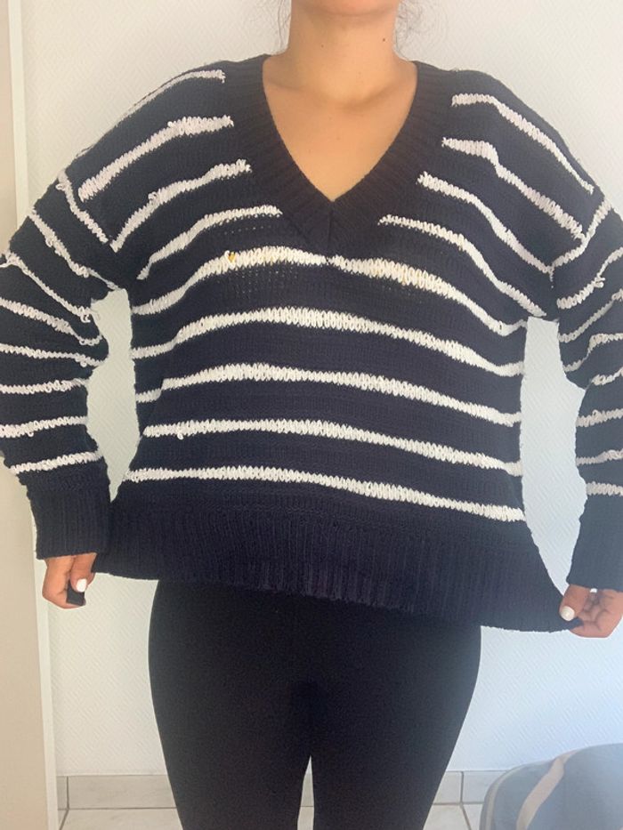 pull marinière court et oversize pull col en V marinière court et oversize - photo numéro 2