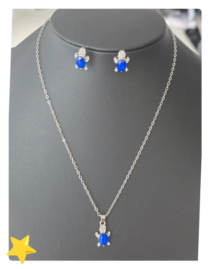 Parrure collier + pendentif + boucle d'oreilles tortue pierre d'ornement bleu - photo numéro 4