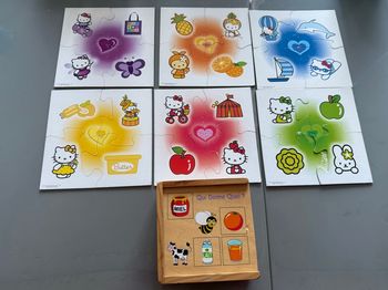 Jeu de Domino-Mémo 'Qui donne quoi ?' en bois de Sapin Malin et 6 puzzles Hello kitty