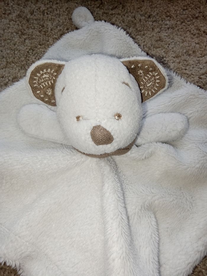 Doudou mouchoir blanc beige tête ours, chien , motifs  oreilles - photo numéro 2