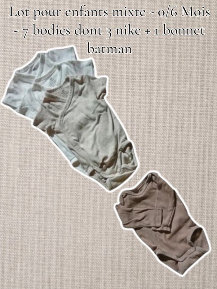 Lot pour enfants mixte - 0/6 Mois - 7 bodies dont 3 nike + 1 bonnet batman - photo numéro 3
