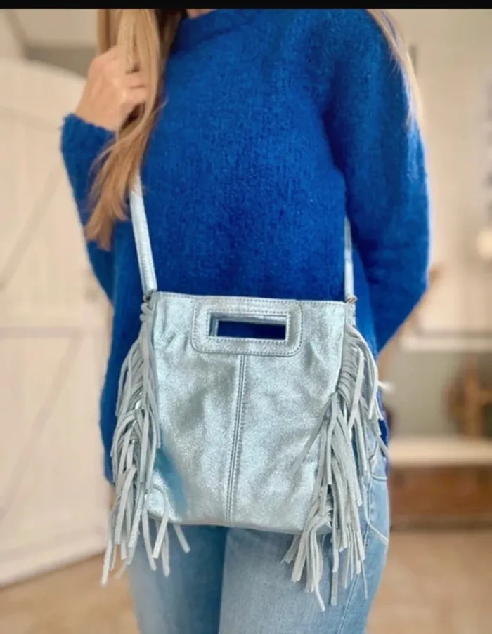 Sac bandoulière cuir véritable bleu gris franges