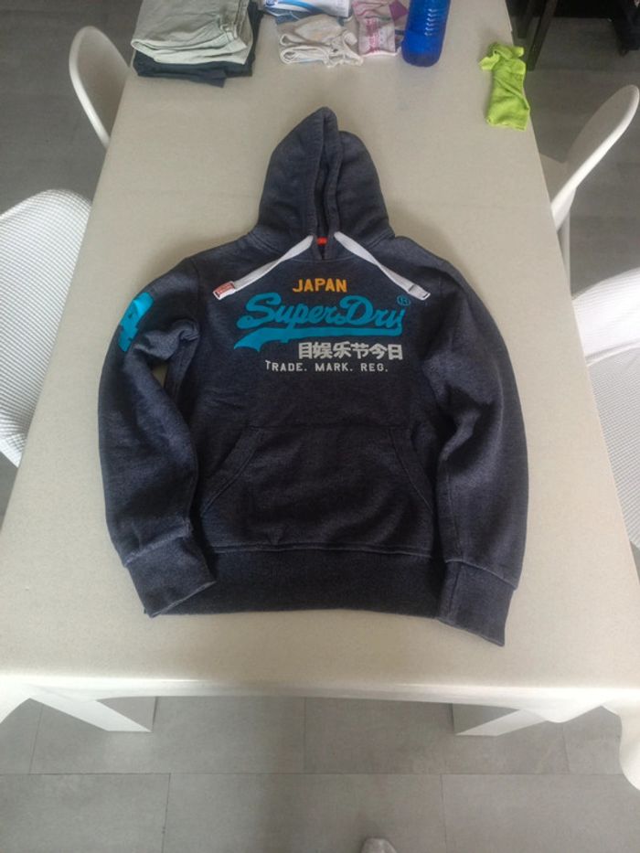 Sweat Superdry hood label, bleu gris taille M