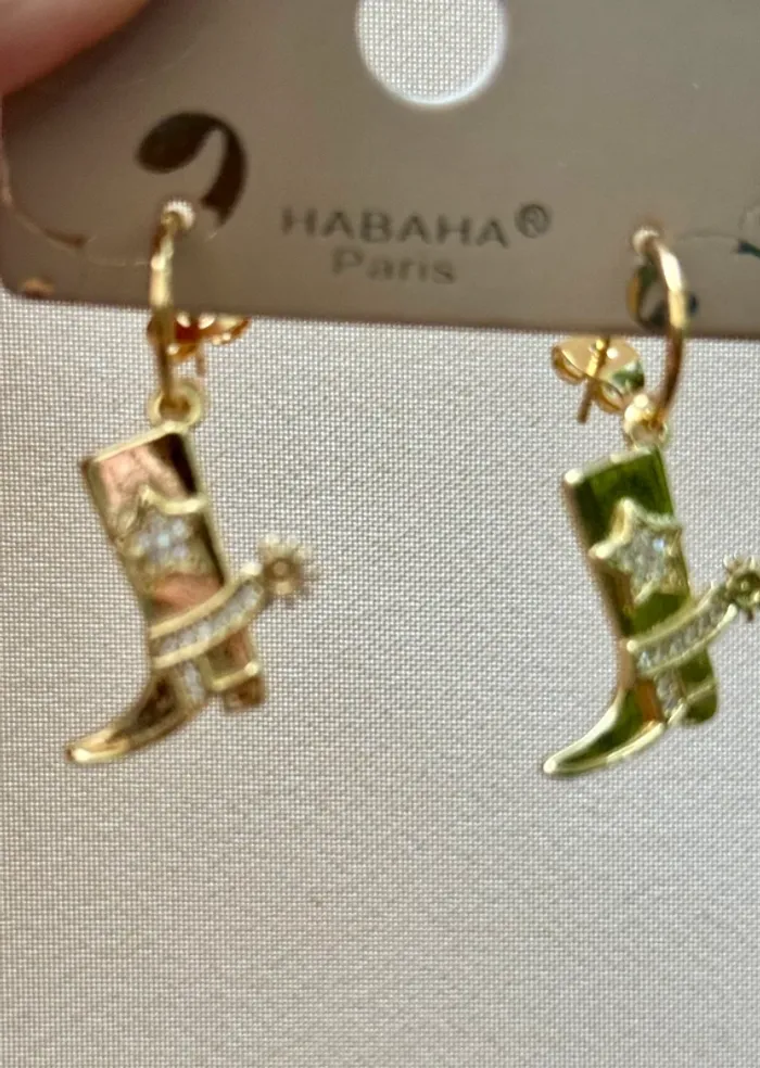 Boucles d’oreilles habaha Paris santiags éperons étoiles acier inoxydable or zircons - photo numéro 5