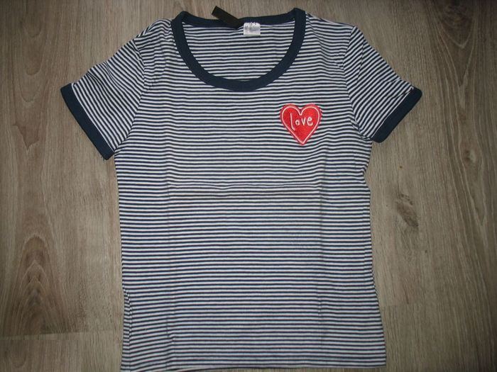 TEE SHIRT MC MARINE RAYÉ BLANC "H&M" - TAILLE XS - n°01