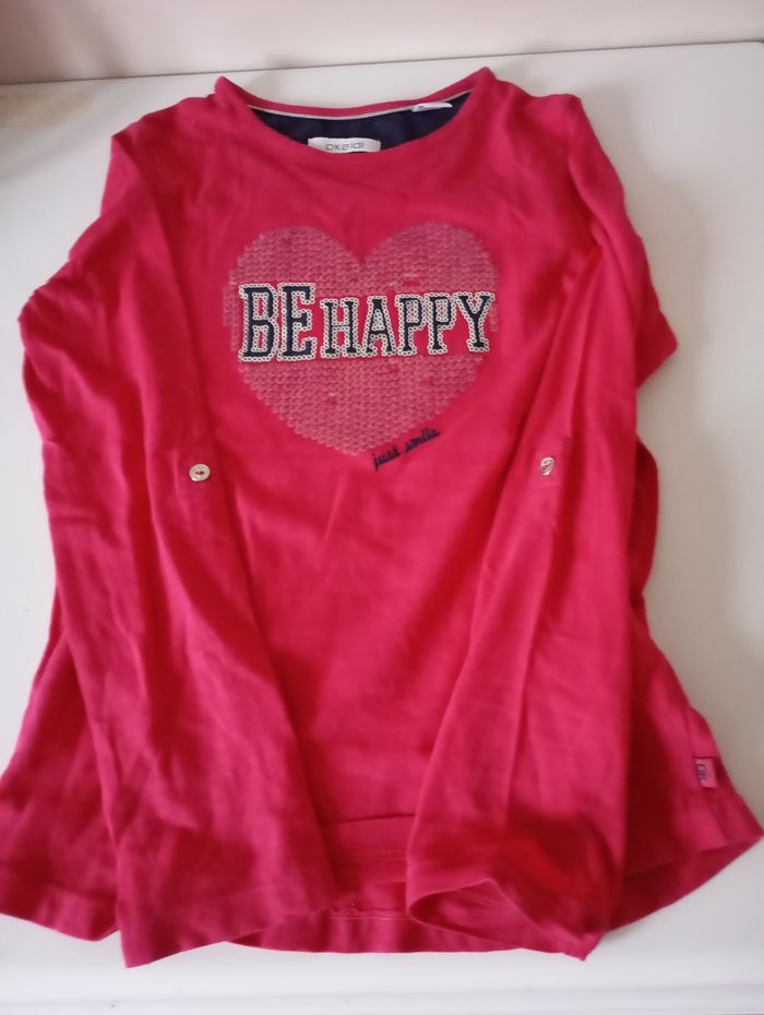 Tee-shirt manches longues..8 ans .Coton framboise ,marine avec sequins .. État neuf. - photo numéro 2