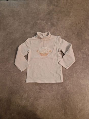 Sous pull fille col roulé blanc motif mouton T36mois TBE kiabi