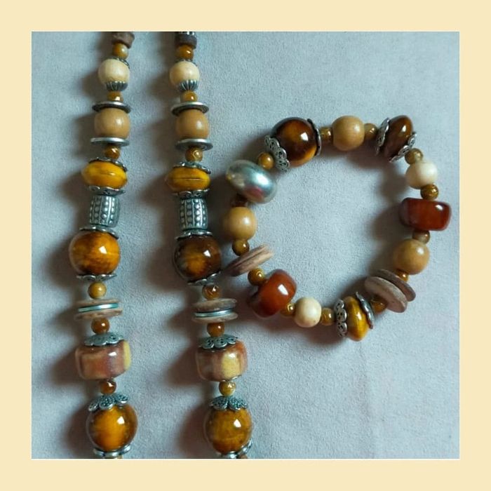 Parure vintage collier + bracelet perles bois & céramique